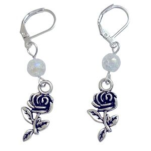 Charm of Roses 925 sterling silver rose charm earrings white beads handcrafted